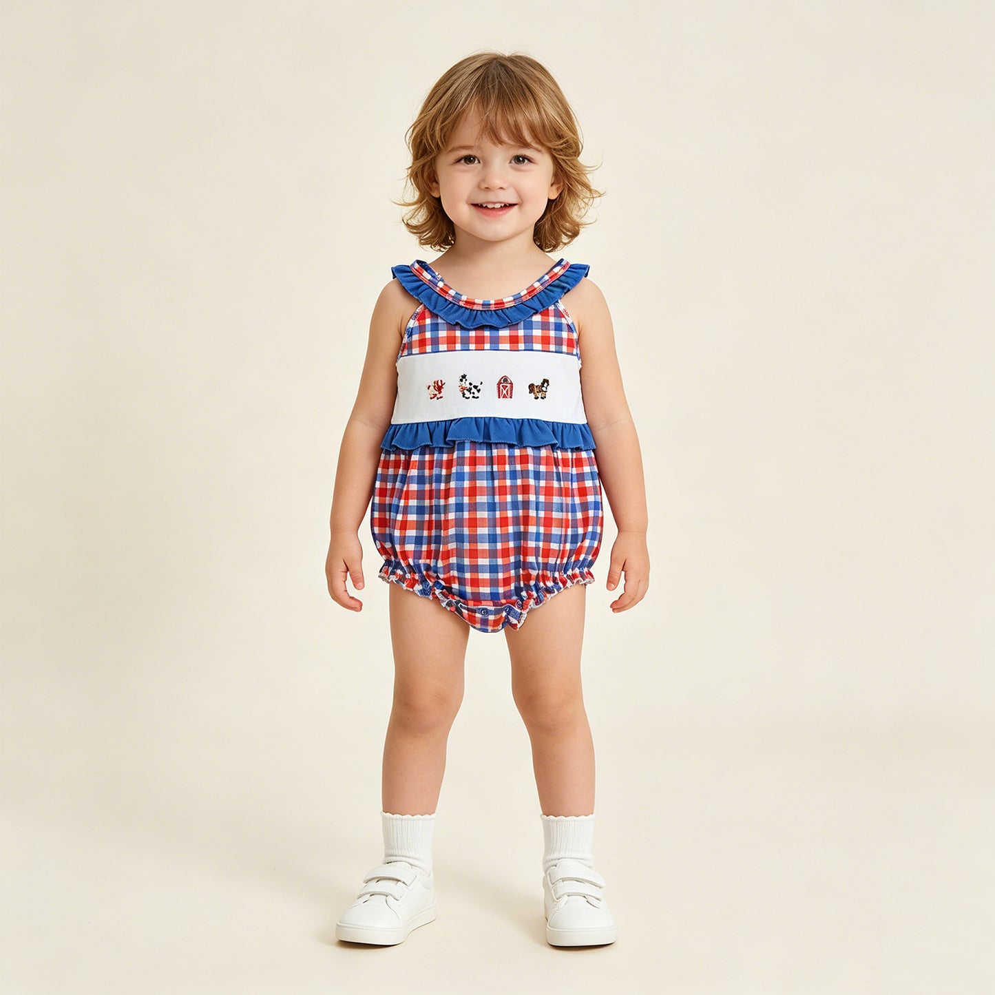 SR3835 RTS NO MOQ （In stock）Blue ruffle farm embroidery plaid baby girl romper