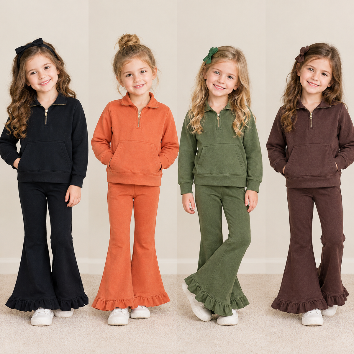 RTS NO MOQ Sibling fleece Baby Girls Fall Solid Pullover Quarter Zip Sweatshirt Ruffle Bell Bottom Outfit