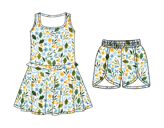 CUSTOM MOQ 5 Sibling Baby Girls Sleeveless Yellow Flowers Knee Length Dress Shorts Yoga Athletic Sets