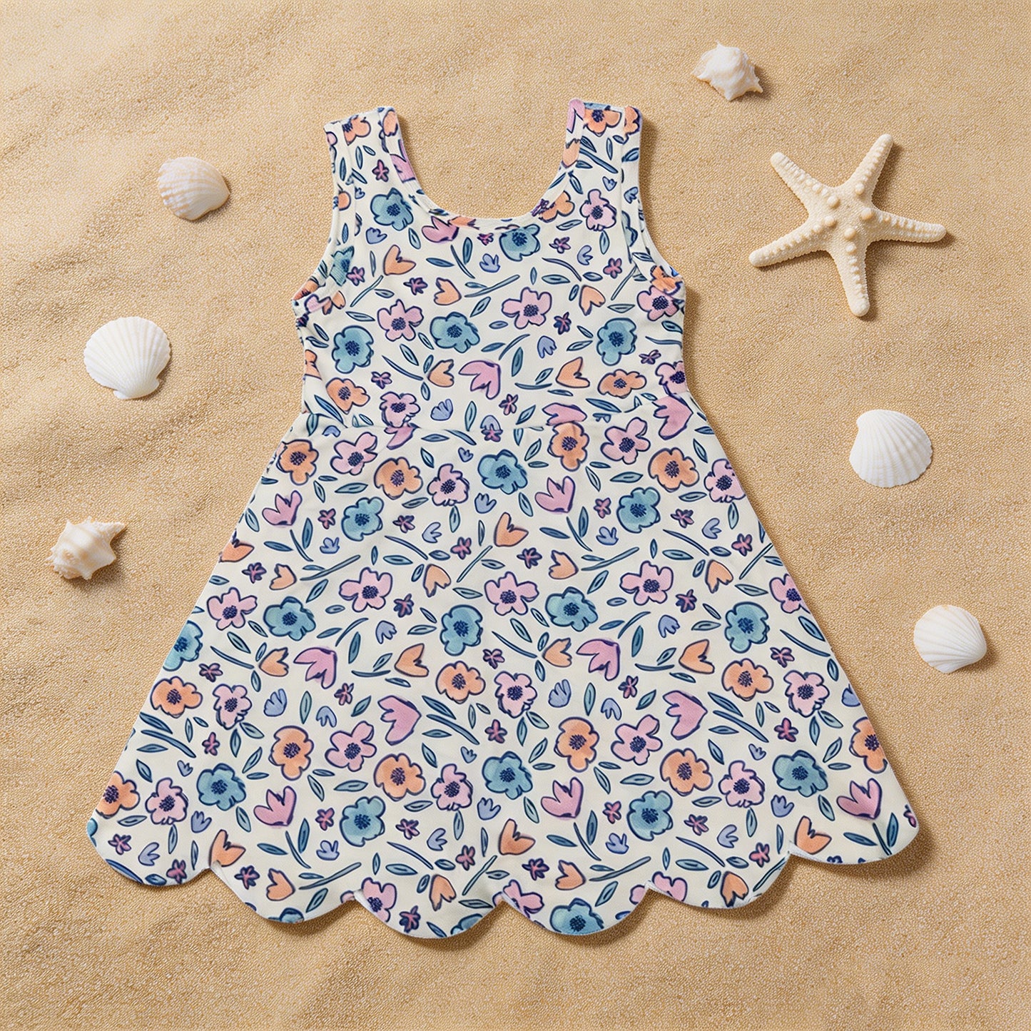 GSD3808 RTS NO MOQ （In stock ）Sleeveless floral scallop kids girls summer athletic dress
