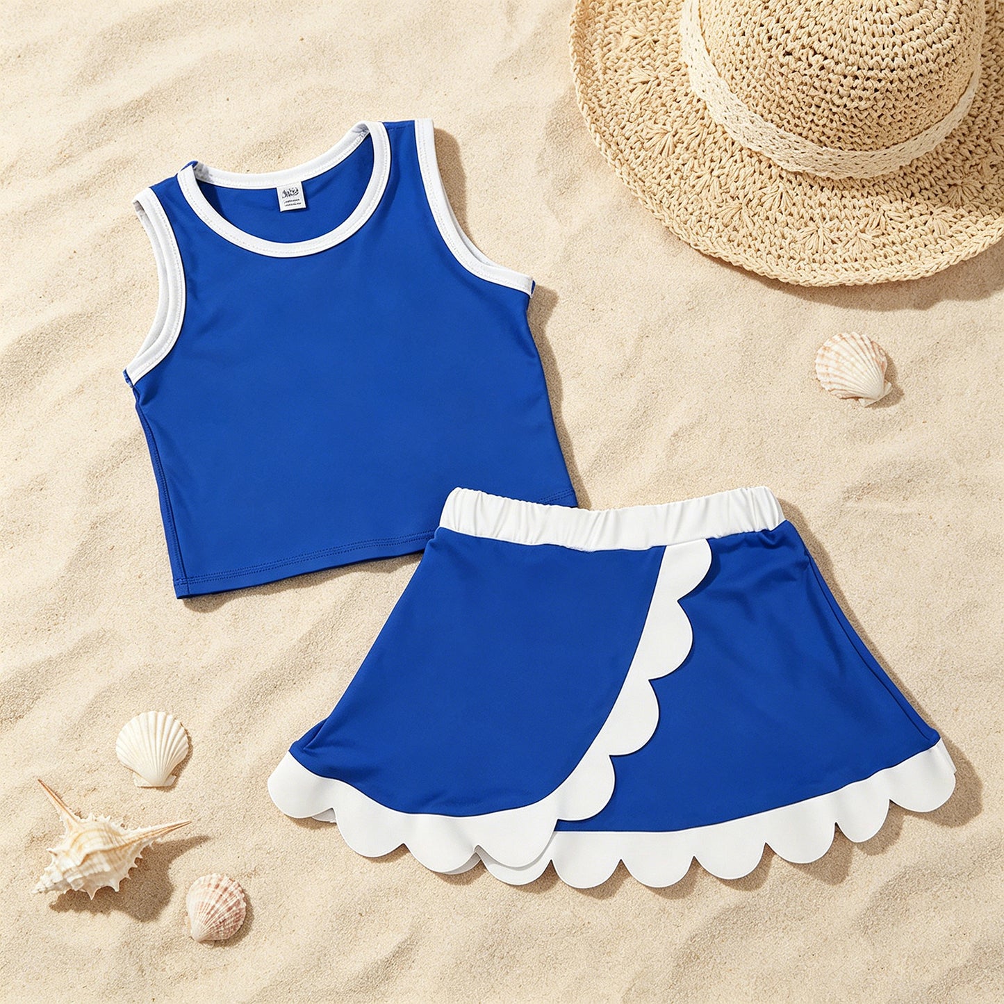 GSD4023 RTS NO MOQ （In stock ）Sleeveless blue white scallop girls team active wear set