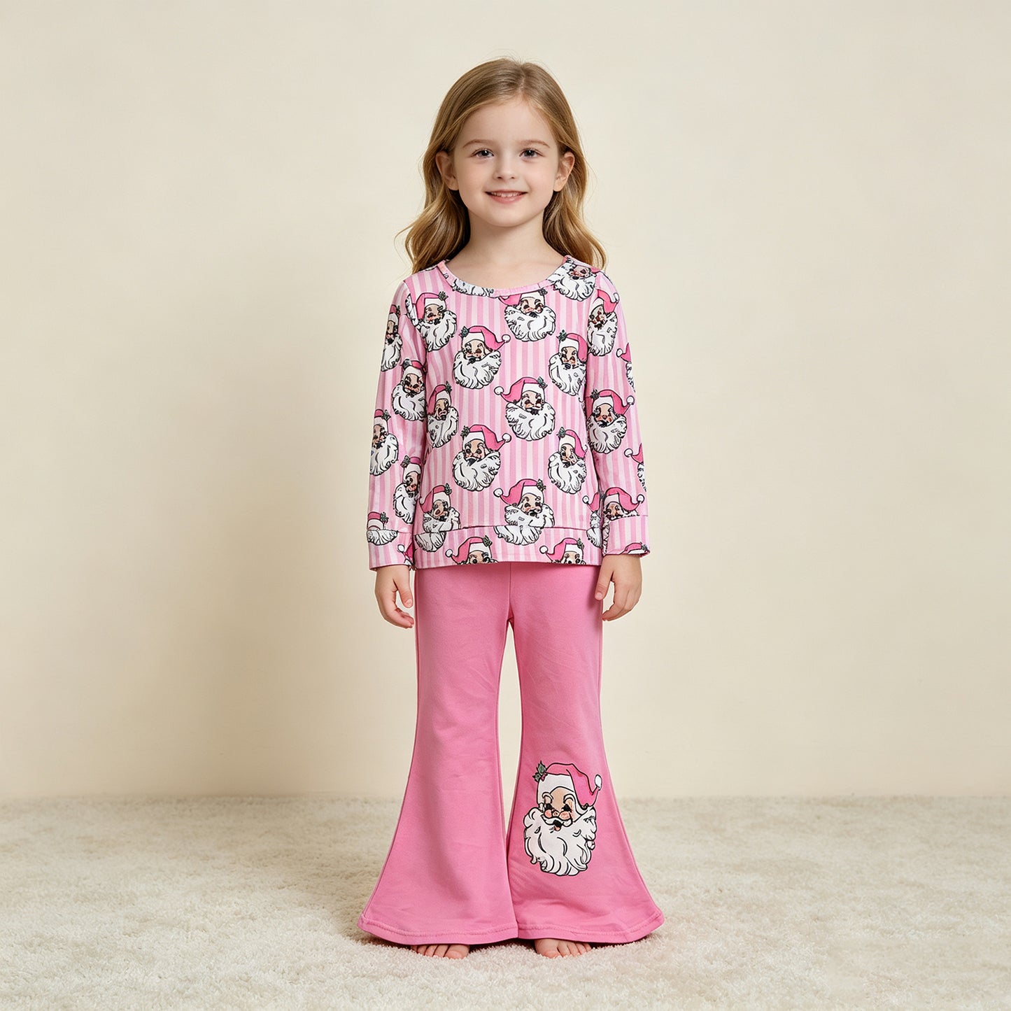 RTS NO MOQ （In stock）GLP3538 milk silk Baby Girls Pink Stripe Santa Top Flare Pant Christmas Clothes Sets
