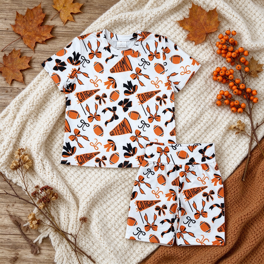RTS NO MOQ （In stock）milk silk GSSO2724 Baby Girls Black Orange Bows Footballs Team Top Shorts Pajamas Sets