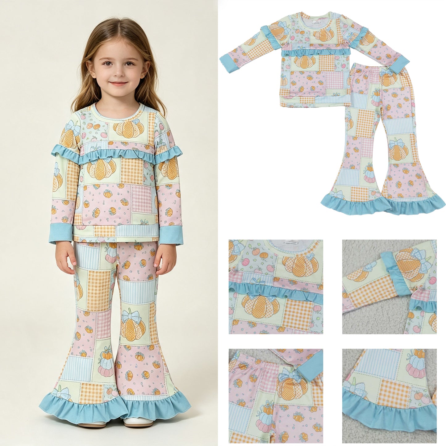 GLP3503 RTS NO MOQ （In stock）milk silk Baby Girls Flowers Bows Pumpkins Top Flare Ruffle Pant Fall Clothes Sets