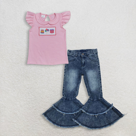 3.9 RTS NO MOQ （In stock）GT0501 + C5-15 Baby Girls Birthday Pink Flutter Sleeve Tee Shirts Top  ruffle denim pants jeans Clothes Sets