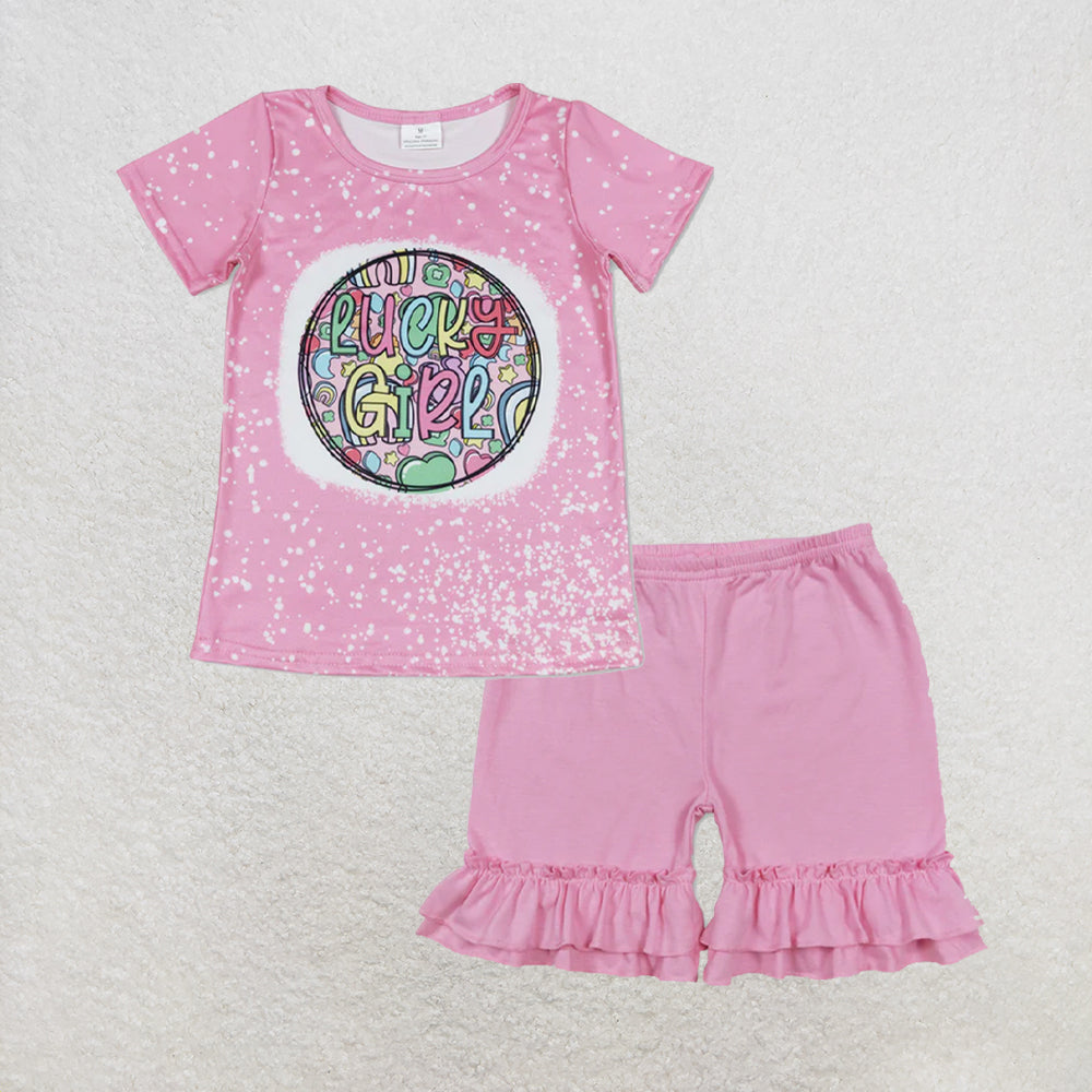5.26 RTS NO MOQ （In stock）GT0375+SS0181 Lucky girl clover short sleeves girls shirt with Pink ruffle cotton baby girls summer shorts