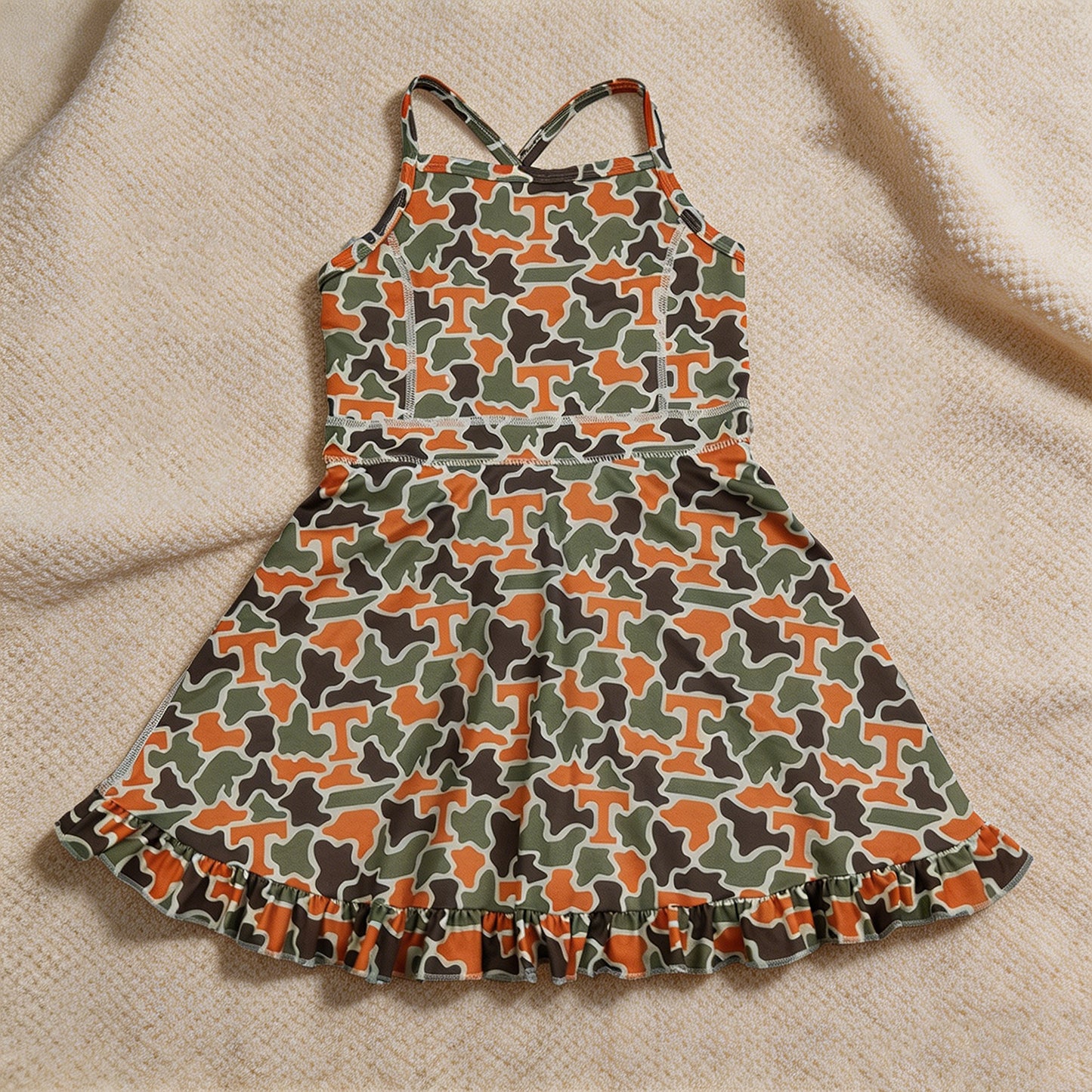 GSD3590 RTS NO MOQ （In stock ）Baby Girls Strap Camo T Team Yoga Active Shorts Ruffle Knee Length Dresses Preorder