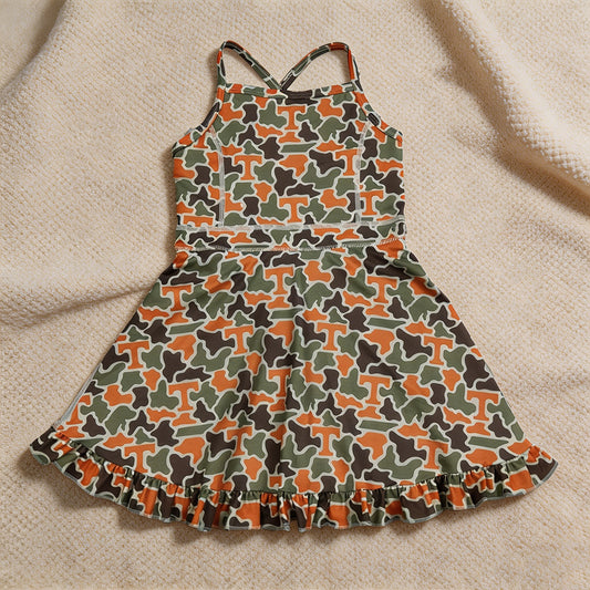 GSD3590 RTS NO MOQ （In stock ）Baby Girls Strap Camo T Team Yoga Active Shorts Ruffle Knee Length Dresses Preorder