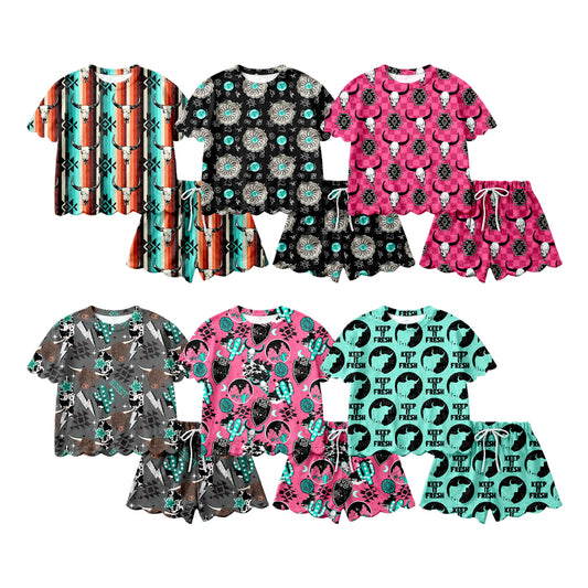 CUSTOM MOQ 5 Sibling Baby Girls Summer 6 Colors Scallop Short Sleeve Shorts Clothes Sets