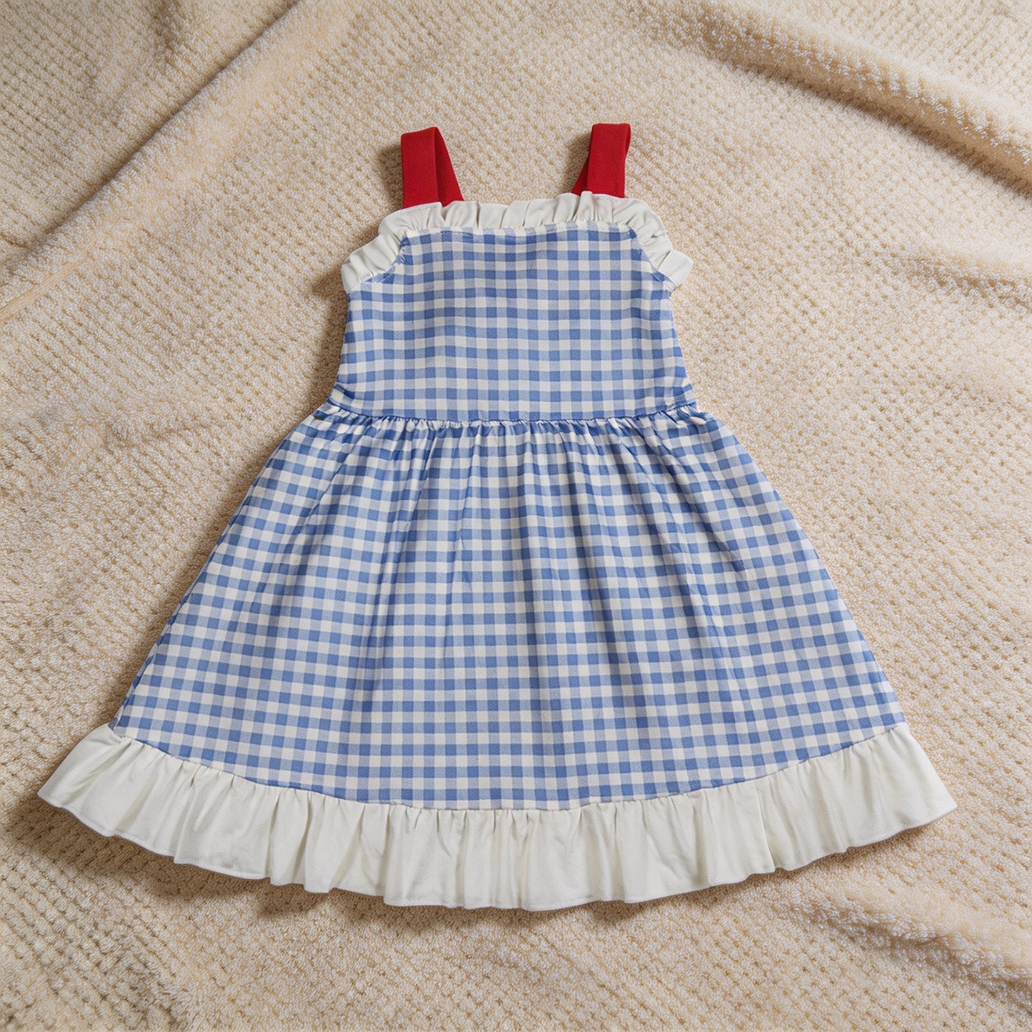 GSD3843 RTS NO MOQ （In stock）Straps white ruffle plaid kids girls summer dresses