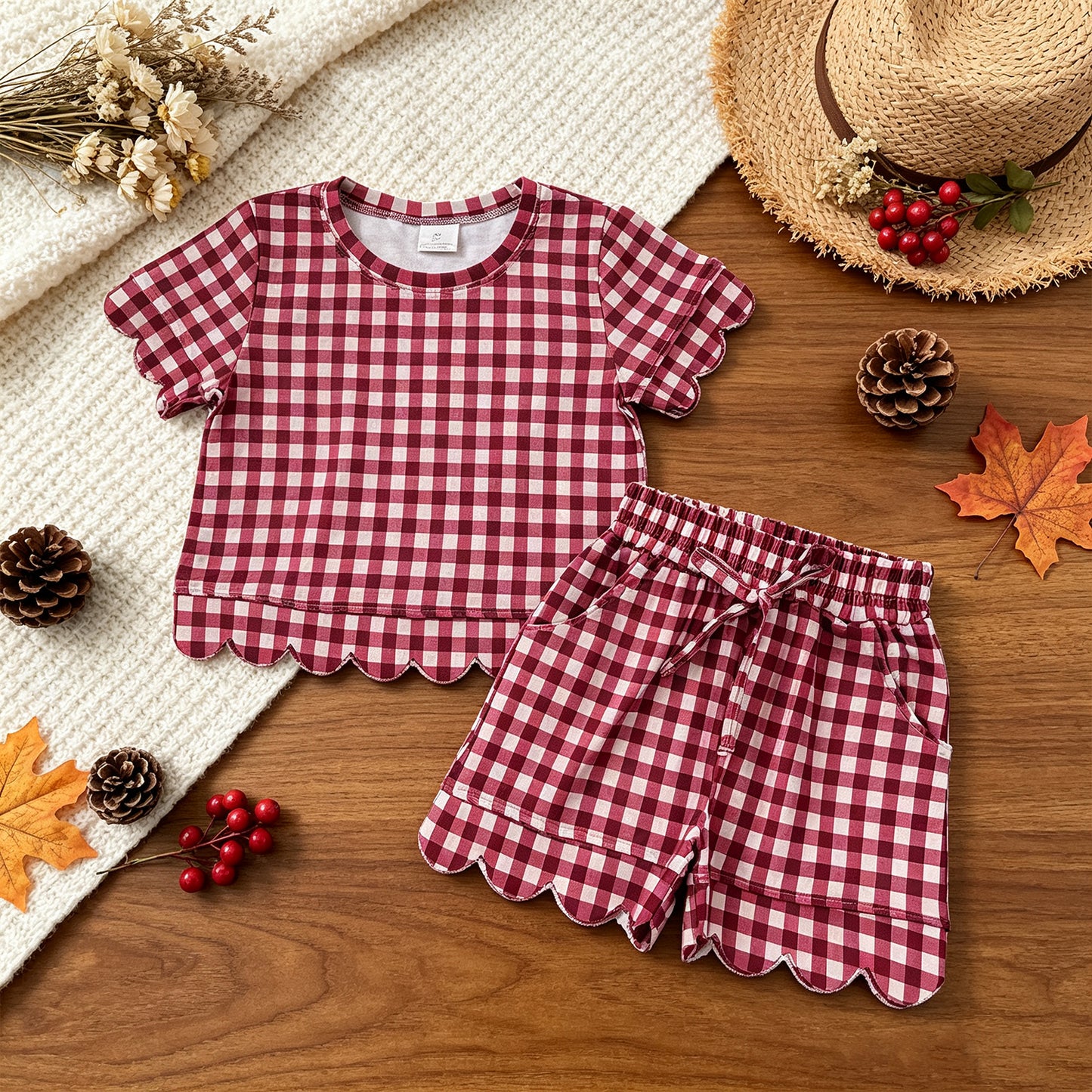 RTS NO MOQ （In stock） milk silk GSSO3836 Baby Girls Maroon Plaid Checked Short Sleeve Shirt Top And Scallop Hem Shorts Set