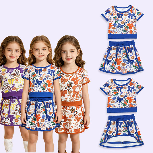 GSD3698 RTS NO MOQ （In stock ）Blue bow top skirt girls team active wear set