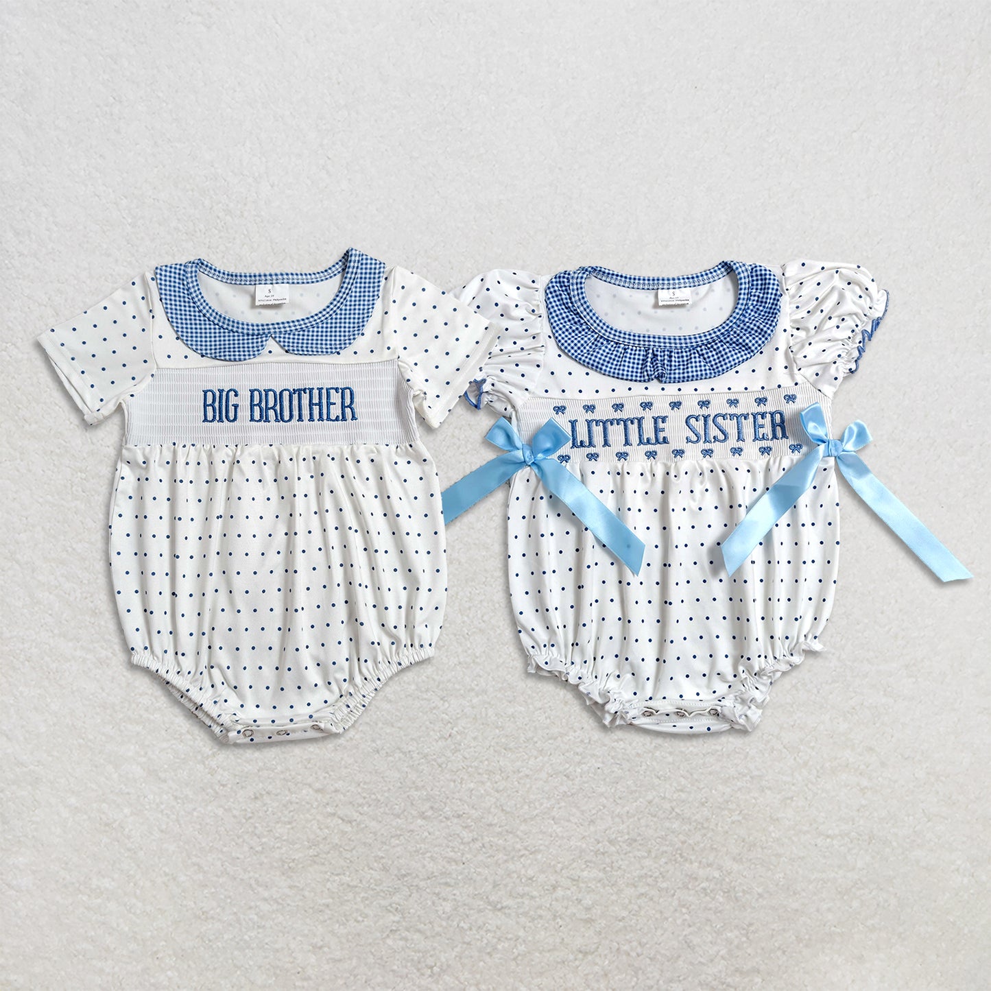 RTS Sibling Short sleeves polka dots big brother smocked baby boy romper