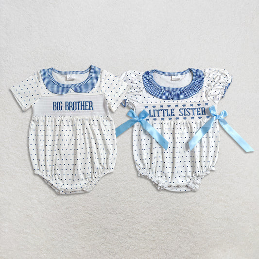 RTS Sibling Short sleeves polka dots big brother smocked baby boy romper