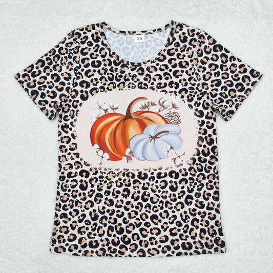 rts no moq GT0689 Adult female pumpkin leopard print short-sleeved top