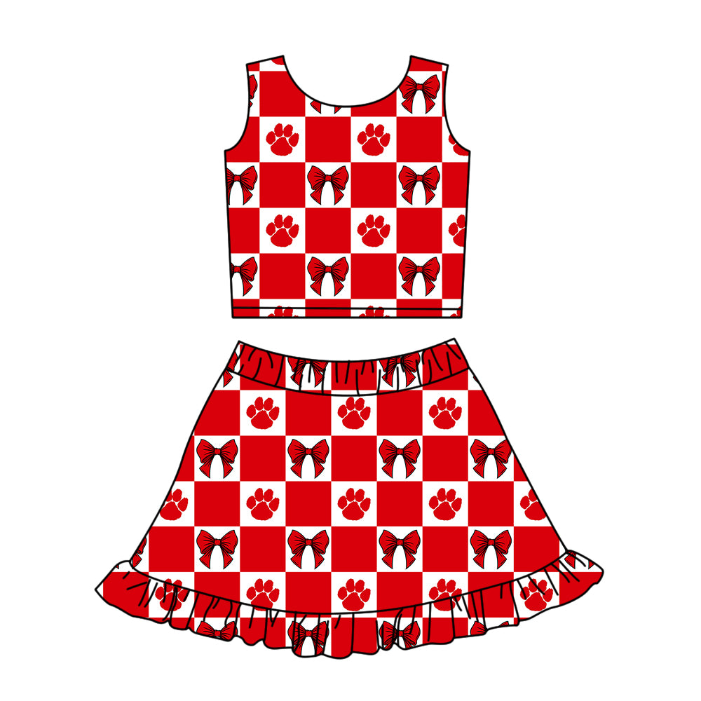 CUSTOM MOQ 5 Sibing Kids Clothing for Girls Baby Girls Bright Red Bow Top Skirts Yoga Active Team Clothes Sets Knee Length Dress Shorts