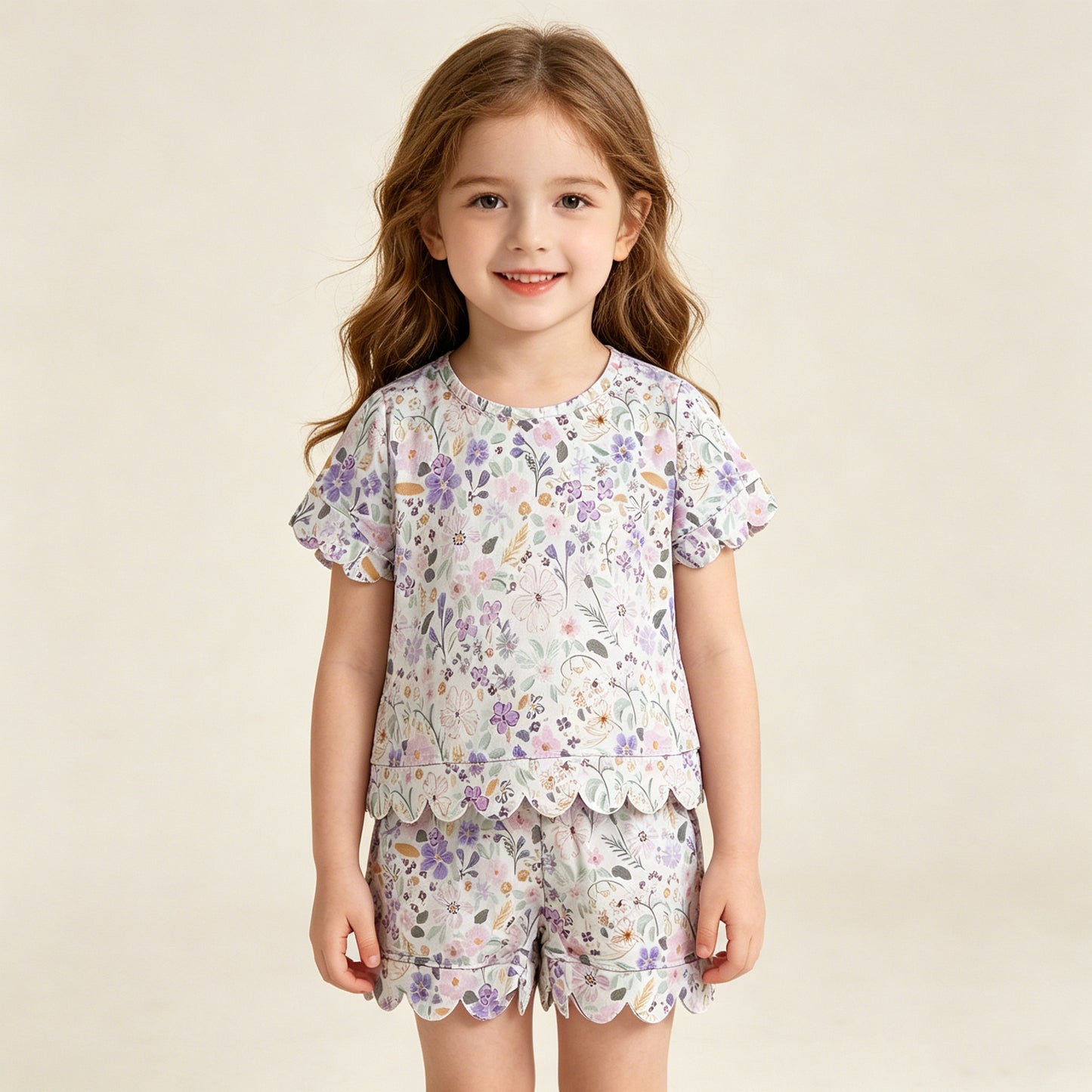 GSSO3267 RTS NO MOQ （In stock ）Lavender floral scallop top shorts girls summer clothes