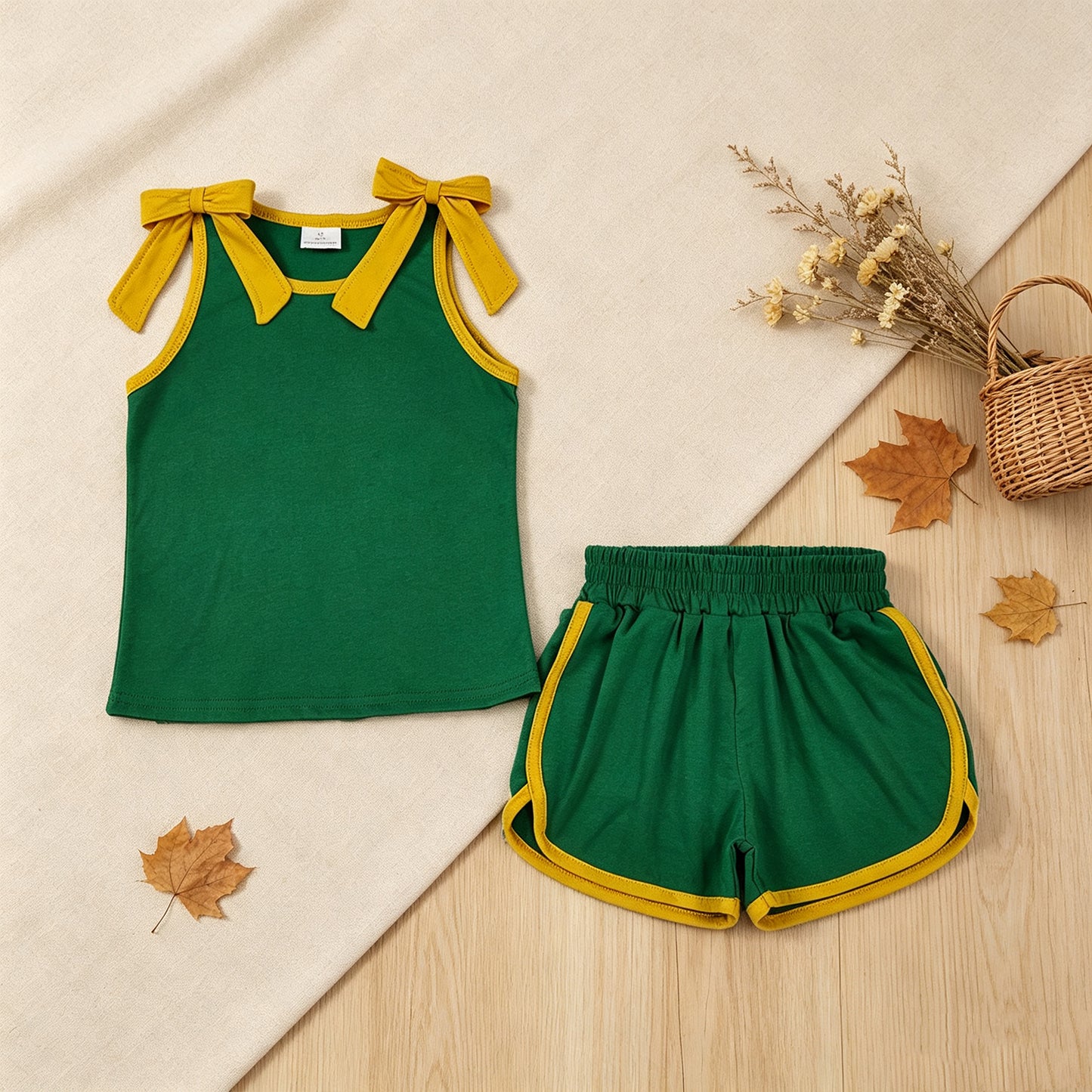 RTS NO MOQ （In stock）cotton GSSO3850 Baby Girls Green Gold Bows Sleeveless Vest Top Short Clothes Set