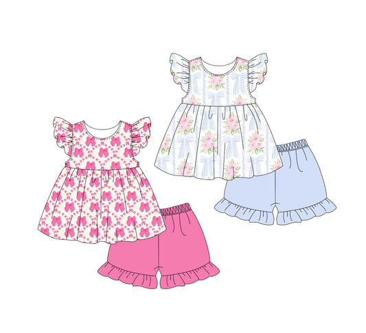 Flutter sleeves bow tunic ruffle shorts girls clothing