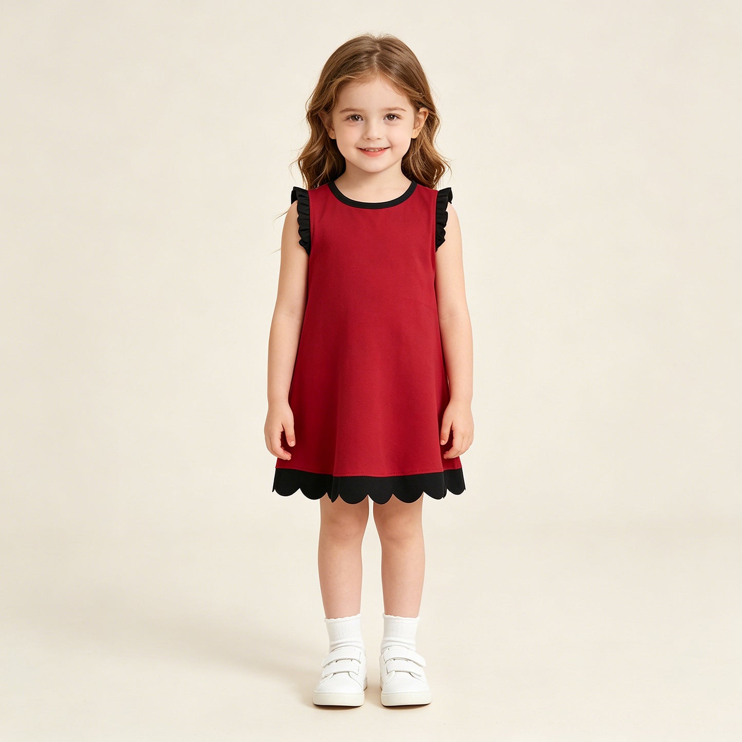 GSD4058 RTS NO MOQ （In stock）Black scallop ruffle sleeveless maroon girls cotton team dress