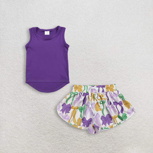 3.4 RTS NO MOQ （In stock）GT0996 + SS0684 Baby Girls Purple Sleeveless Yoga Active Tee Shirts Vests Bows Plaid Yoga Active Shorts Bottoms