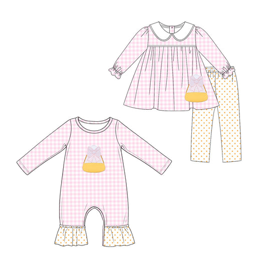 4.18 Pre order No Moq Baby Girls Pink Checked Candy Collar Tunic Leggings Halloween Clothes Sets