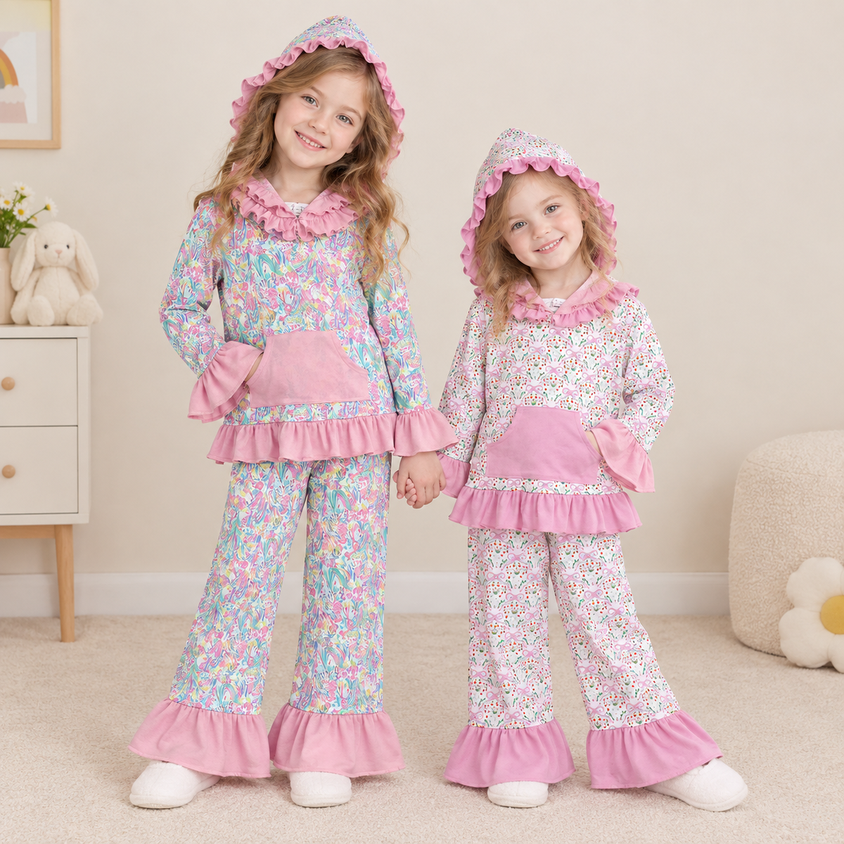 RTS NO MOQ Sibling milk silk Baby Girls Floral Print Ruffle Hoodie Kangaroo Pocket Flare Pants Set
