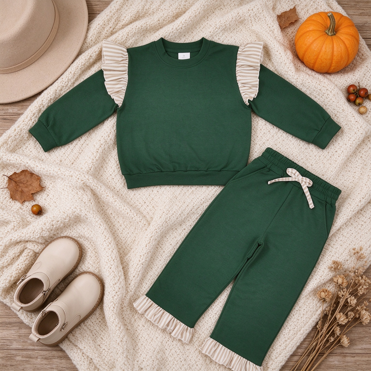 RTS NO MOQ （In stock）Cotton cotton GLP3698（GT1845+P1154）Baby Girls Green Stripe Flutter Sleeve Top Pockets Ruffle Pant Clothes Set