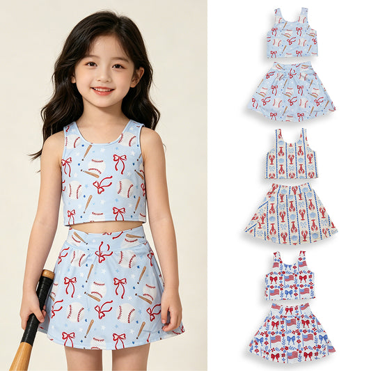 4.11 RTS NO MOQ （In stock ）Sleeveless baseball bow kids girls summer activewear set