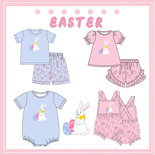 Baby Infant Girls and Boys Easter Pink Rabbit Eggs Straps Rompers -Short sleeve suits mix size preorder