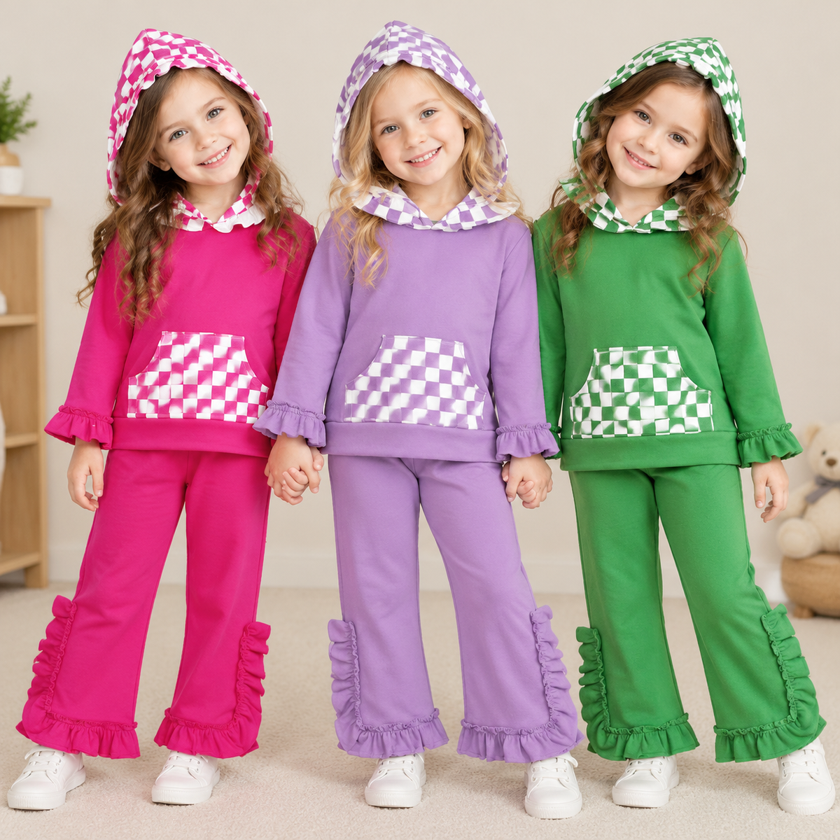 Sibling cotton Baby Girls Checkerboard Print Hooded Top Ruffle Hem Pants Set