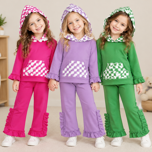 Sibling cotton Baby Girls Checkerboard Print Hooded Top Ruffle Hem Pants Set