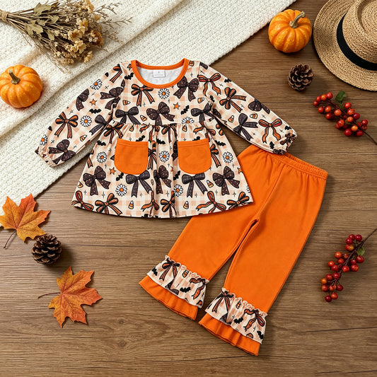 RTS NO MOQ （In stock）milk silk GLP3534 Baby Girls Halloween Bat Floral Print Pocket Tunic Top Ruffle Hem Pants Clothes Set
