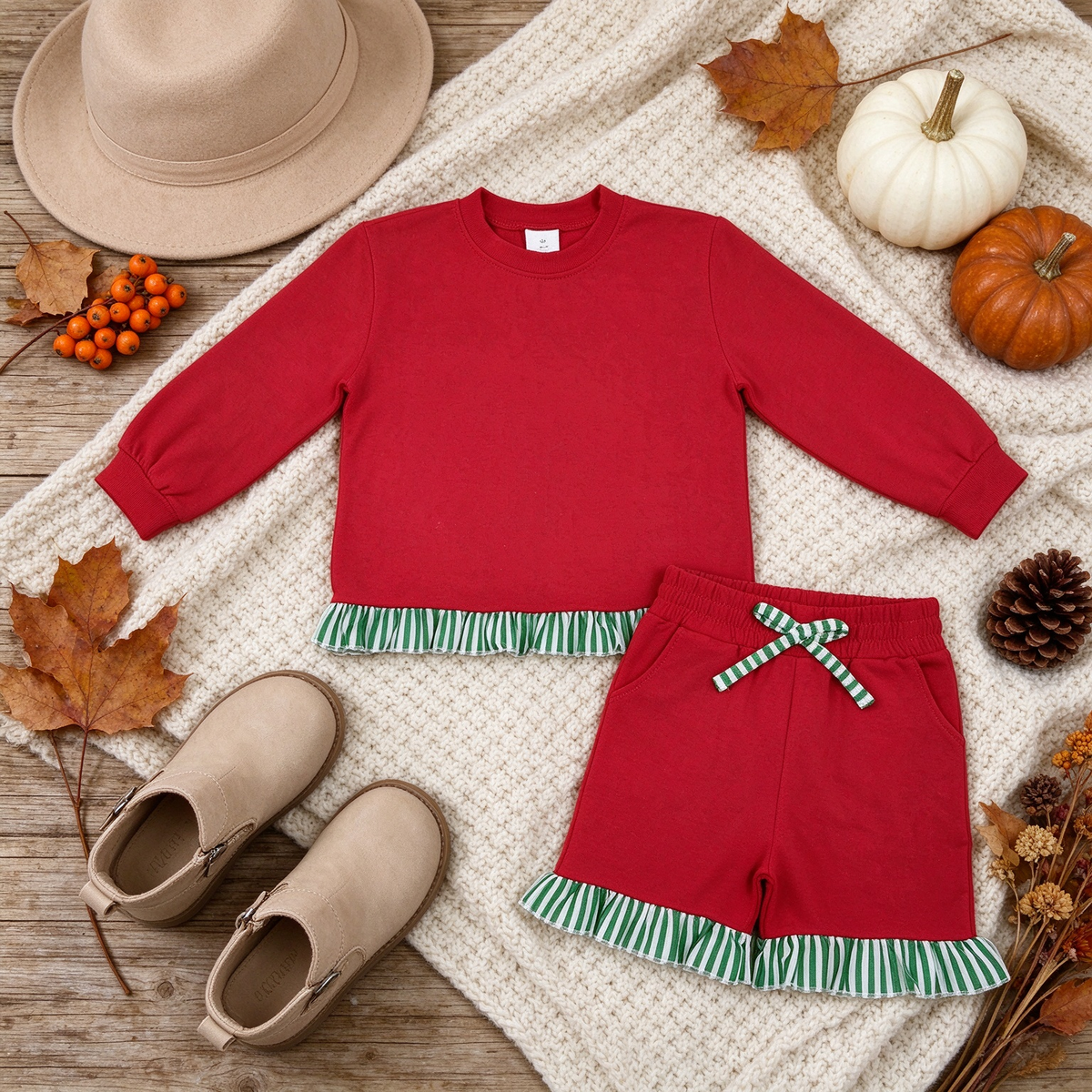 RTS NO MOQ （In stock）cotton GLS0269（GT1935+SS0997）Baby Girls Red Green Stripe Shirts Elastic Waist Pockets Ruffle Short Clothes Set