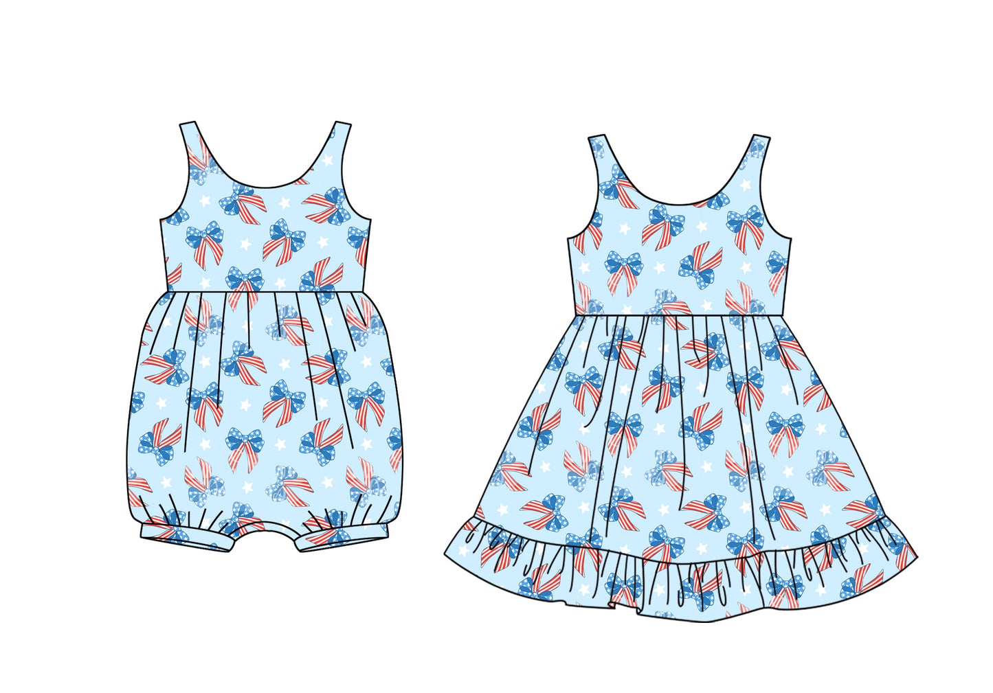 Baby Girls Blue Sleeveless Blue Red Bows 4th Of July Dress