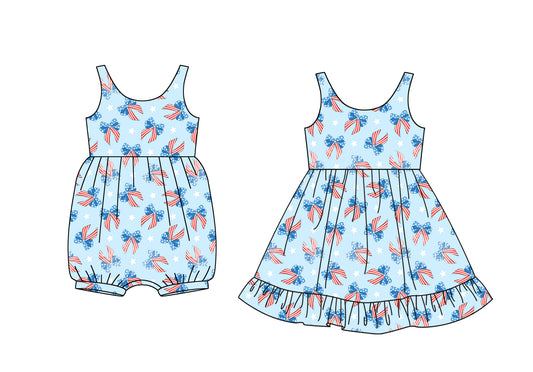 Baby Girls Blue Sleeveless Blue Red Bows 4th Of July Dress