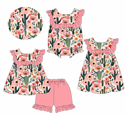 Girls Western Style Ruffle Shorts Set Pink Cactus Floral Tunic Top And Bottoms Outfit for Kids