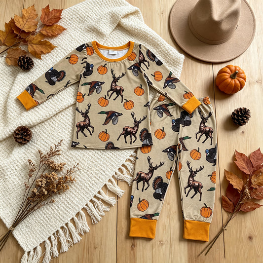 RTS NO MOQ milk silk BLP1556 Baby Boys Pumpkins Ducks Turkey Top Pant Thanksgivings Pajamas Set Fall Holiday Outfit