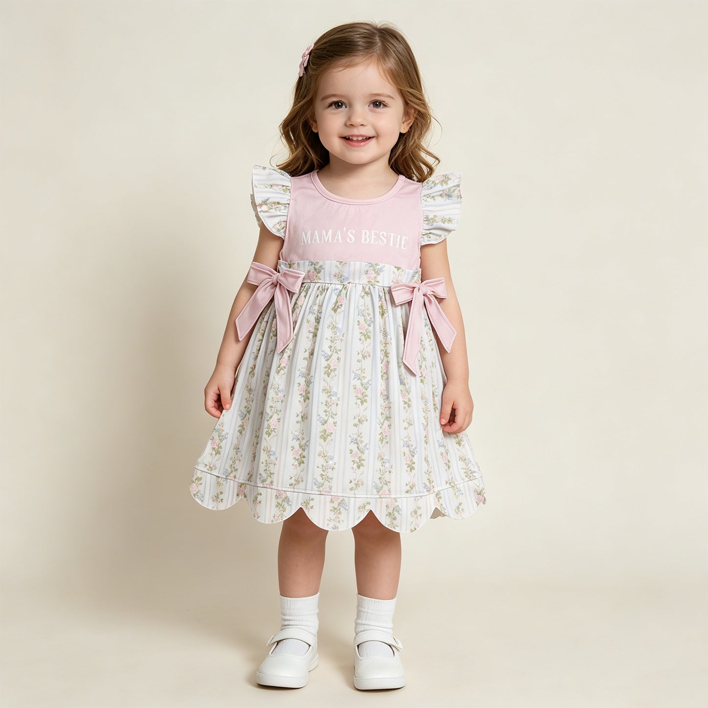 GSD2973 RTS NO MOQ （In stock）Flutter sleeves Mama's bestie floral baby girls dresses