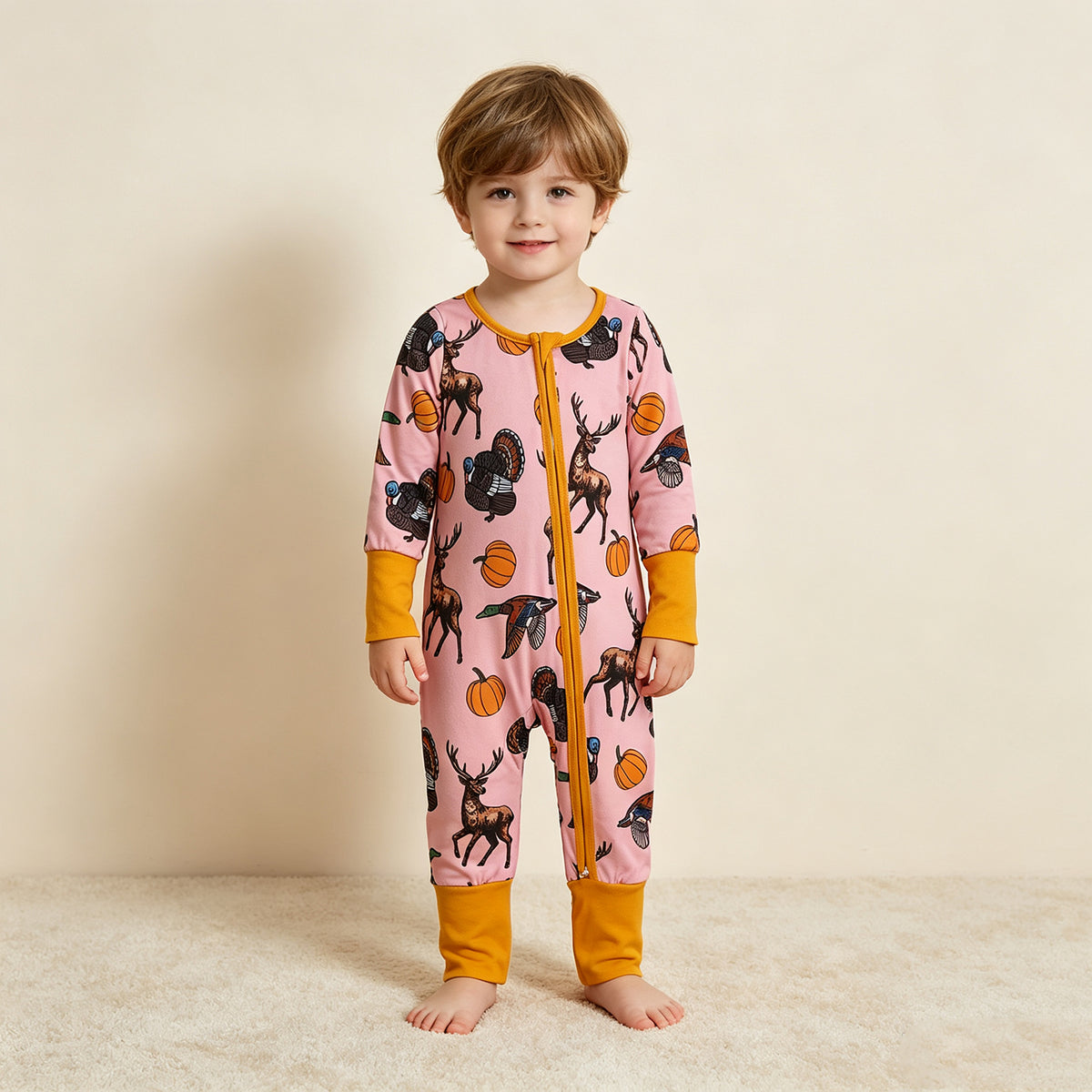 RTS NO MOQ （In stock）LR3252 Baby Girls Pumpkins Turkey Ducks Deer Thanksgivings Two Way Zip Convertible Rompers