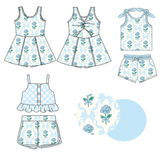 Sleeveless light blue bow floral baby girls athletic dresses