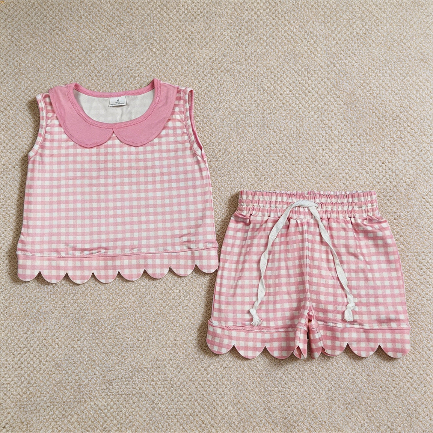 GSSO3394 RTS NO MOQ （In stock）Sleeveless pink plaid scallop top shorts girls outfits