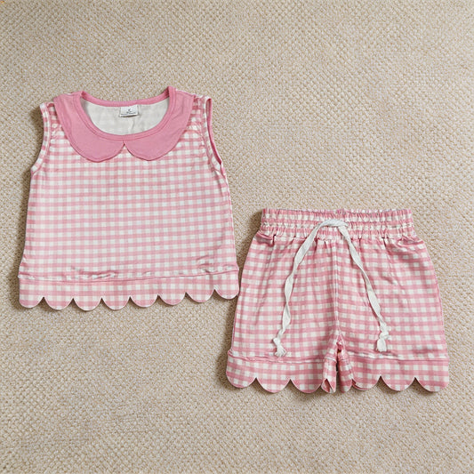GSSO3394 RTS NO MOQ （In stock）Sleeveless pink plaid scallop top shorts girls outfits