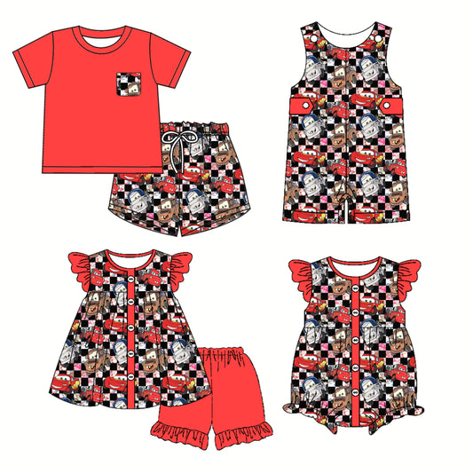 Girls Clothing Set with Flutter Sleeves Cars Plaid Tunic And Shorts Outfit for Kids