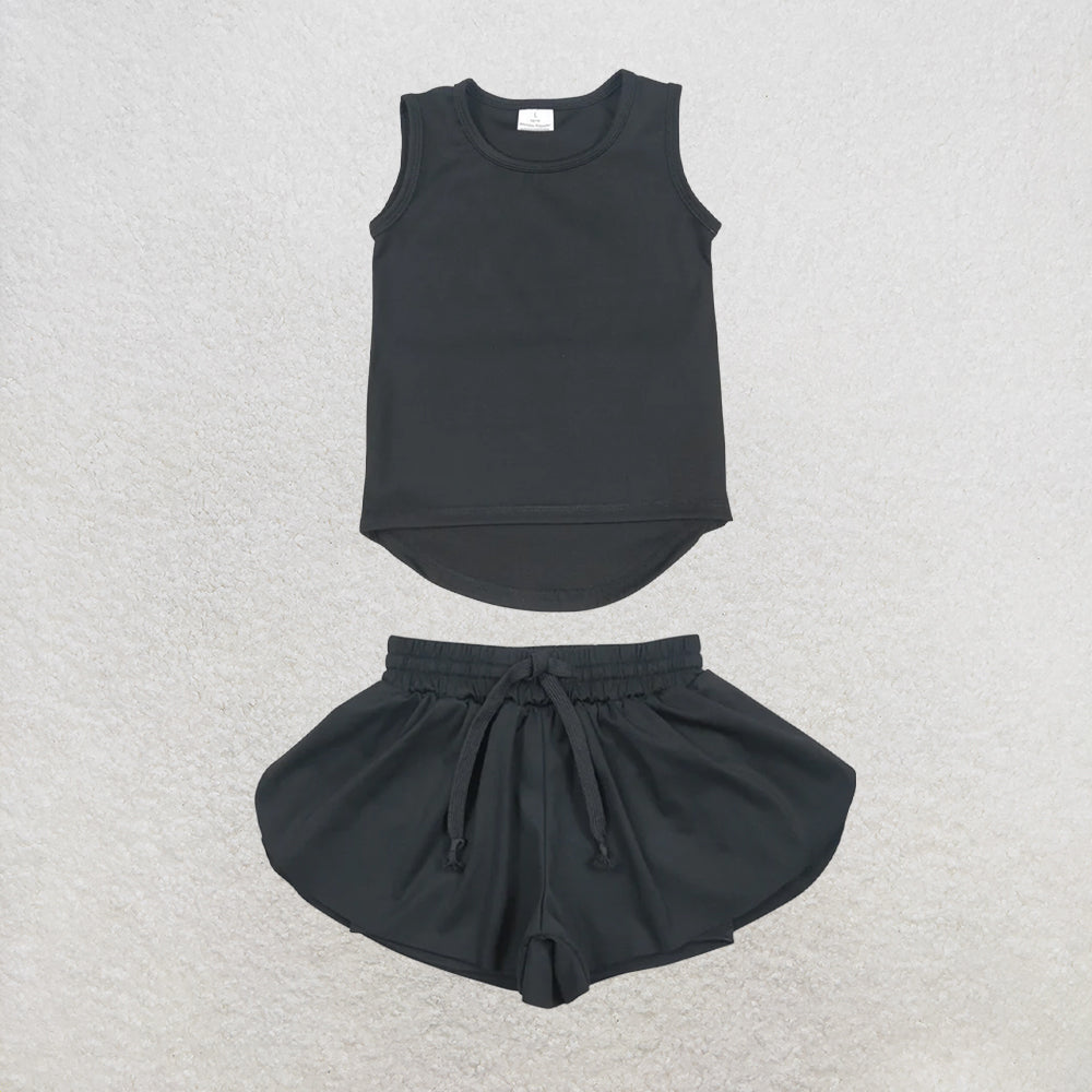 5.25 RTS NO MOQ （In stock）GT0987+SS0551 Black sleeveless kids girls activewear top with activewear summer yoga shorts