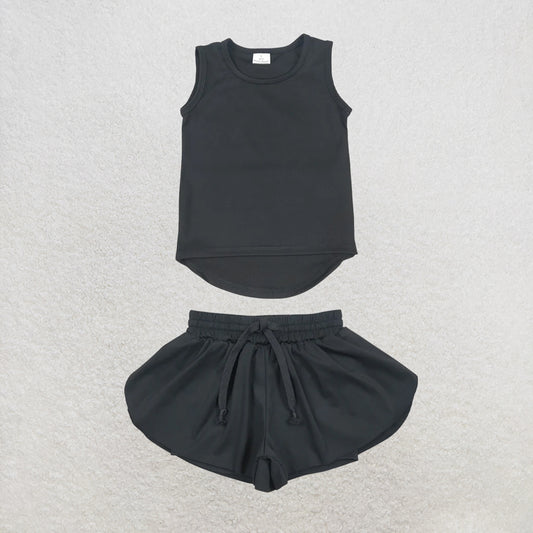 5.25 RTS NO MOQ （In stock）GT0987+SS0551 Black sleeveless kids girls activewear top with activewear summer yoga shorts