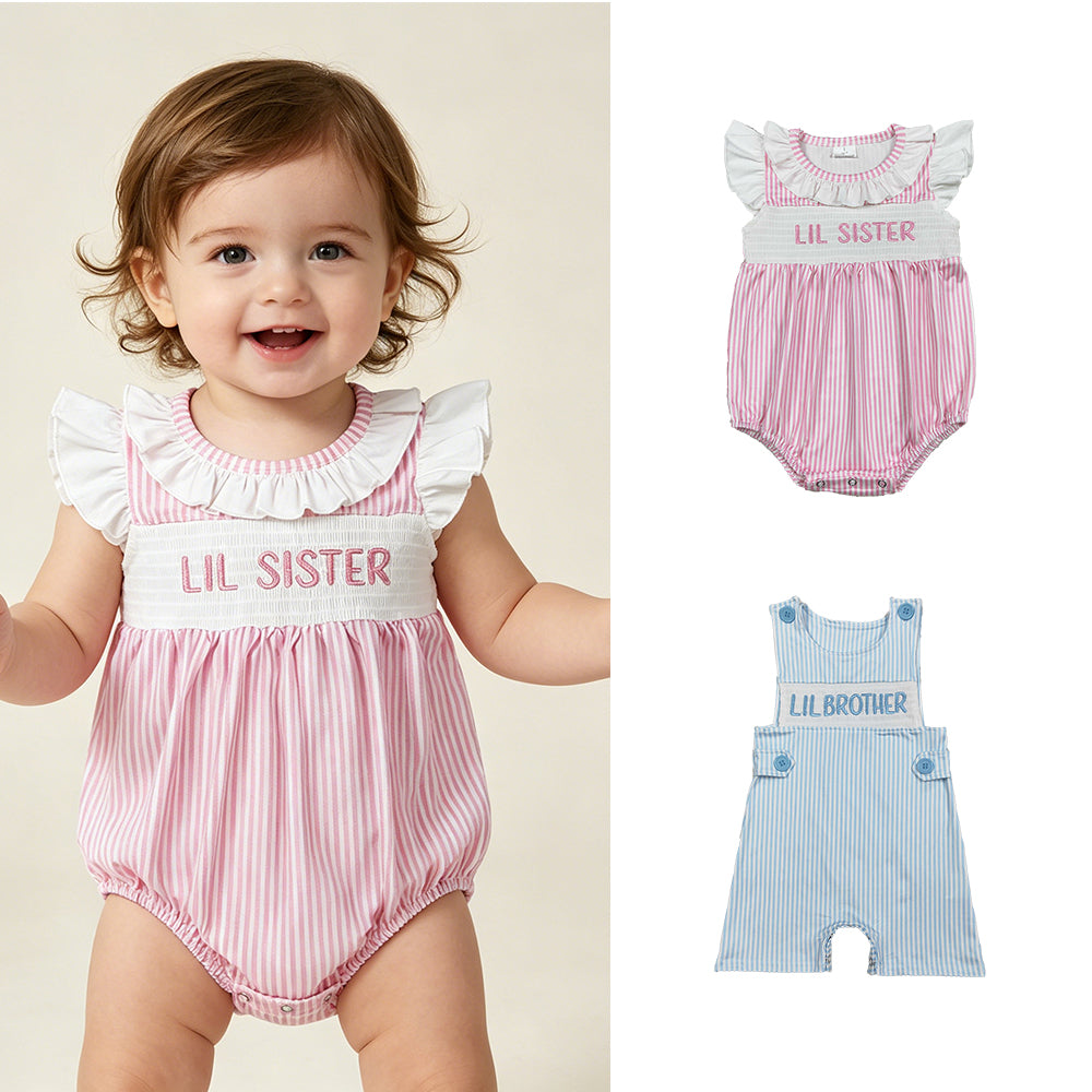 RTS Sibling Sleeveless stripe lil brother baby boy romper and smocked stripe baby romper