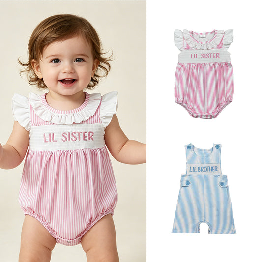 RTS Sibling Sleeveless stripe lil brother baby boy romper and smocked stripe baby romper