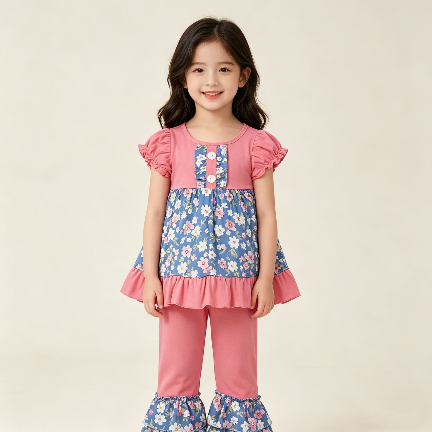 4.13 GSPO1814 RTS NO MOQ （In stock ）Pink short sleeves floral tunic ruffle pants girls clothing