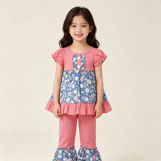 4.13 GSPO1814 RTS NO MOQ （In stock ）Pink short sleeves floral tunic ruffle pants girls clothing